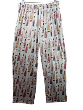 The Paisley Box Womens Pajama Pants Sz L White/Pink Wine Bottles Print Novelty